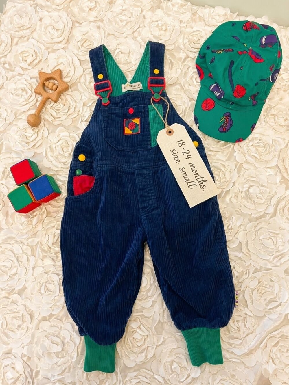 Vtg 90s Gymboree Rainbow Tag Colorblock Corduroy Overalls & Hat Set 18-24M Small
